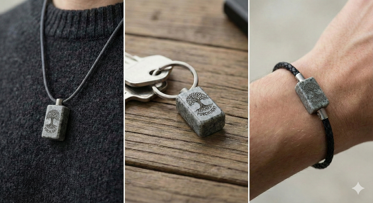 Porchlight pendant, keychain, and bracelet being worn